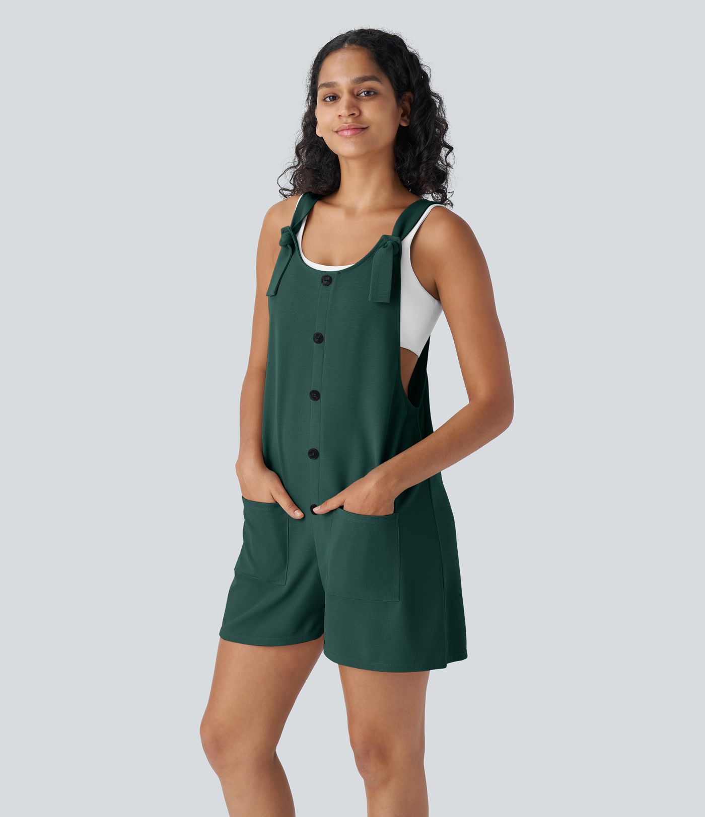 Knot Strap Decorative Pockets Waffle Short Overalls Knot Strap Decorative Pockets Waffle Short Overalls