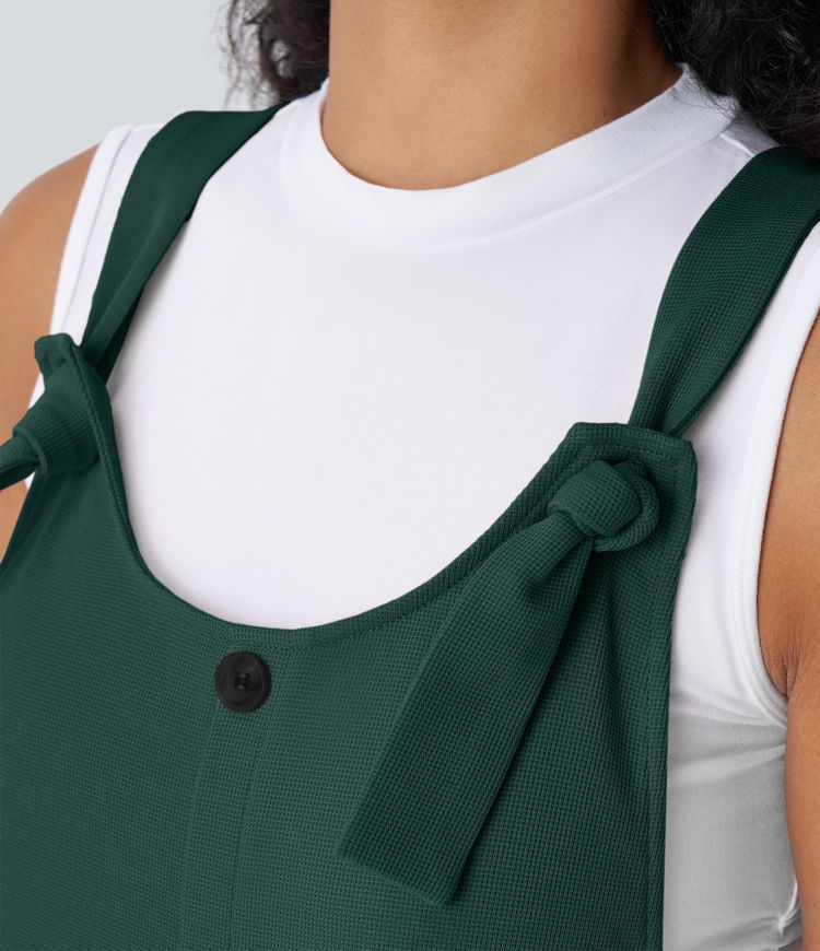 Knot Strap Decorative Pockets Waffle Short Overalls Knot Strap Decorative Pockets Waffle Short Overalls