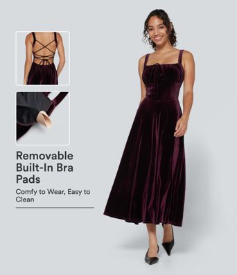 Robe milkmaid décontractée en velours, encolure carrée, laçage, fronces, corset avec soutien-gorge intégré, longueur midi