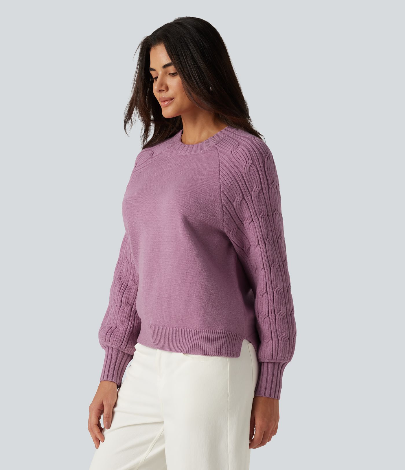 Round Neck Long Sleeve Slit Hem Casual Sweater Round Neck Long Sleeve Slit Hem Casual Sweater