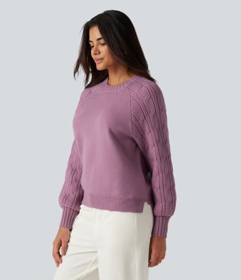 Round Neck Long Sleeve Slit Hem Casual Sweater Round Neck Long Sleeve Slit Hem Casual Sweater