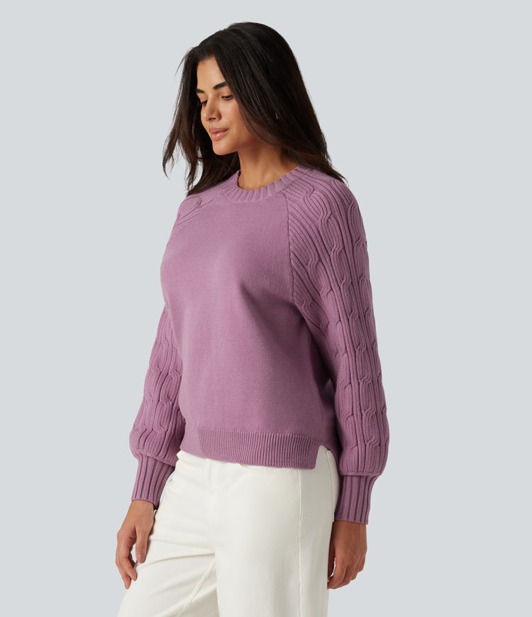 Round Neck Long Sleeve Slit Hem Casual Sweater Round Neck Long Sleeve Slit Hem Casual Sweater