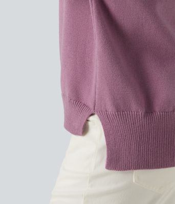 Round Neck Long Sleeve Slit Hem Casual Sweater Round Neck Long Sleeve Slit Hem Casual Sweater