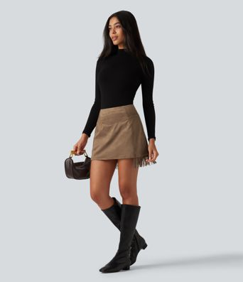 High Waisted Bodycon 2-in-1 Fringe Hem Suede Mini Skirt High Waisted Bodycon 2-in-1 Fringe Hem Suede Mini Skirt