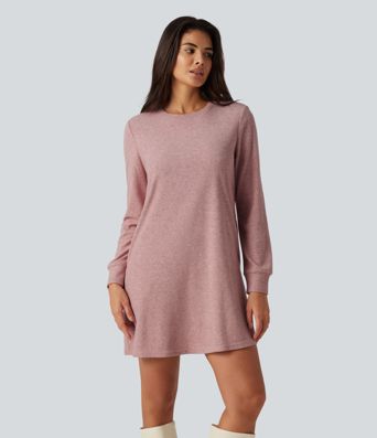 Round Neck Long Sleeve Mini Work Dress with Pockets