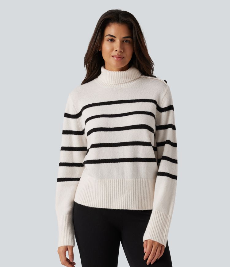 High Neck Long Sleeve Stripe Work Sweater
