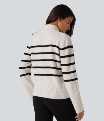 High Neck Long Sleeve Stripe Work Sweater