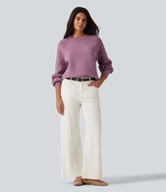 Round Neck Long Sleeve Slit Hem Casual Sweater Round Neck Long Sleeve Slit Hem Casual Sweater