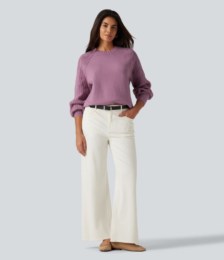 Round Neck Long Sleeve Slit Hem Casual Sweater Round Neck Long Sleeve Slit Hem Casual Sweater
