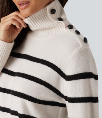High Neck Long Sleeve Stripe Work Sweater