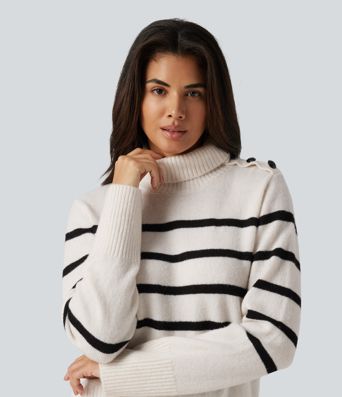 High Neck Long Sleeve Stripe Work Sweater