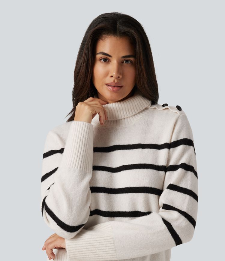 High Neck Long Sleeve Stripe Work Sweater
