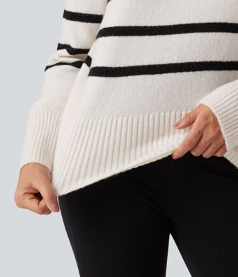 High Neck Long Sleeve Stripe Work Sweater