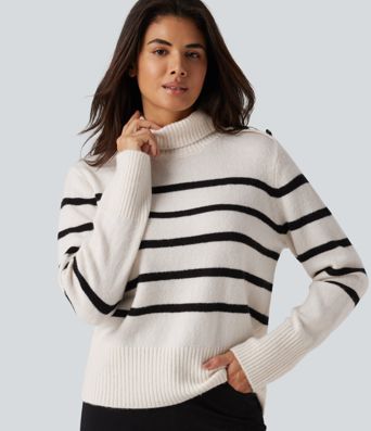 High Neck Long Sleeve Stripe Work Sweater