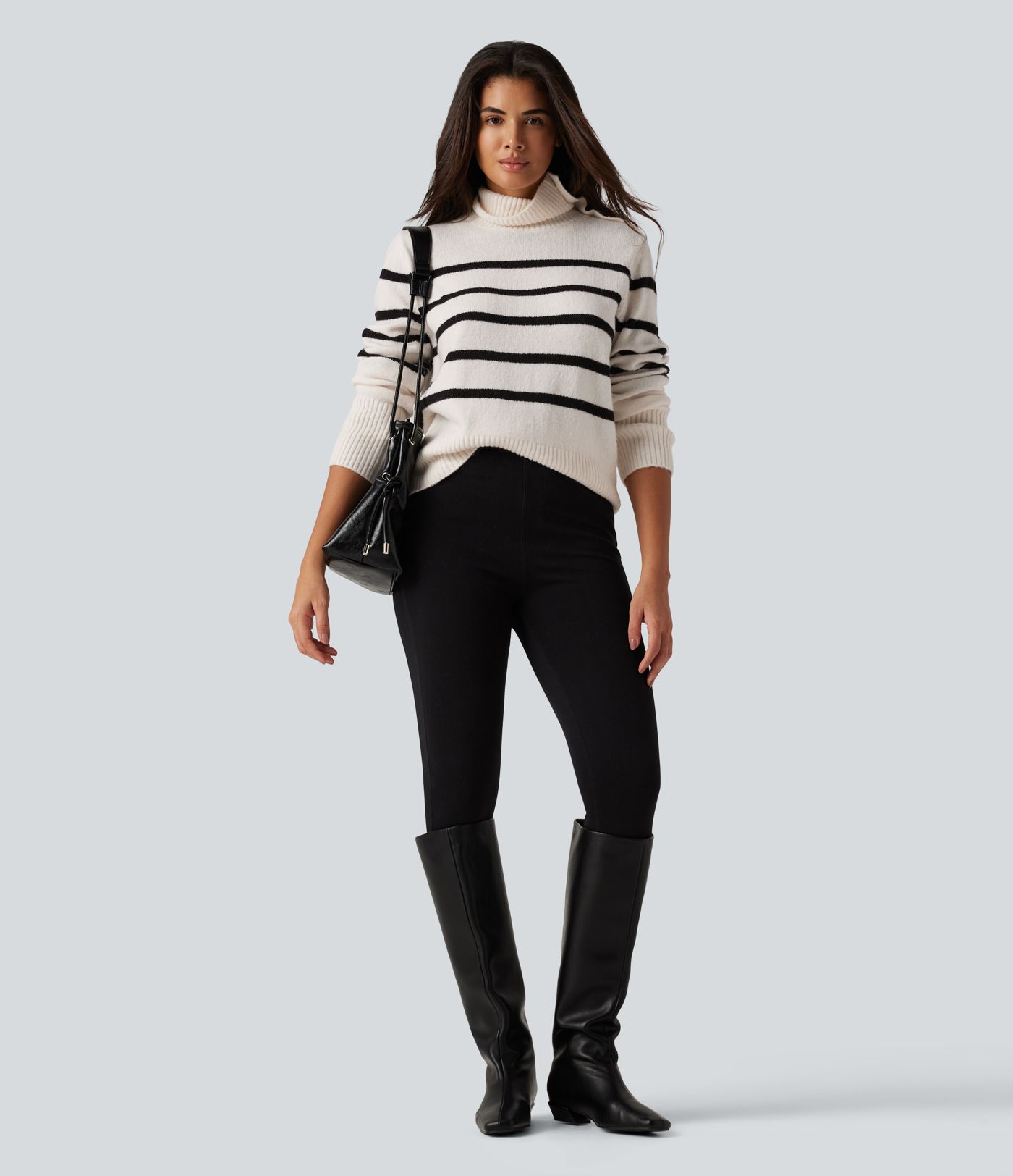 High Neck Long Sleeve Stripe Work Sweater