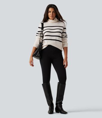High Neck Long Sleeve Stripe Work Sweater
