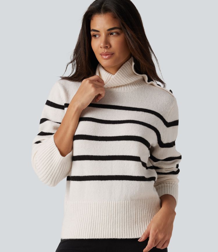 High Neck Long Sleeve Stripe Work Sweater