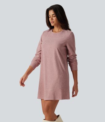 Round Neck Long Sleeve Mini Work Dress with Pockets