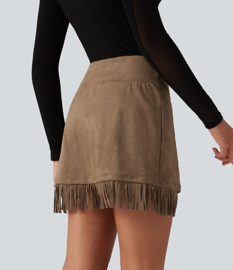 High Waisted Bodycon 2-in-1 Fringe Hem Suede Mini Skirt High Waisted Bodycon 2-in-1 Fringe Hem Suede Mini Skirt
