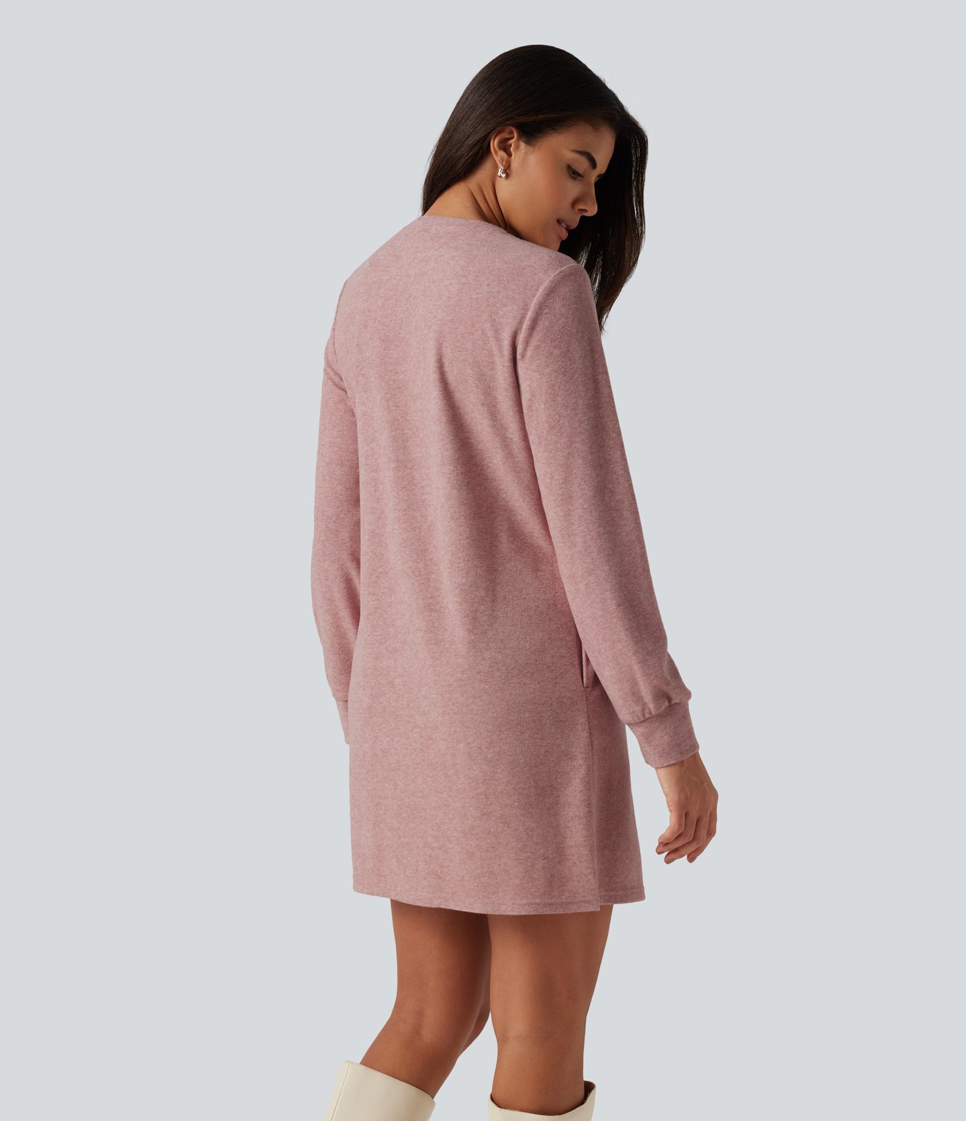 Round Neck Long Sleeve Mini Work Dress with Pockets