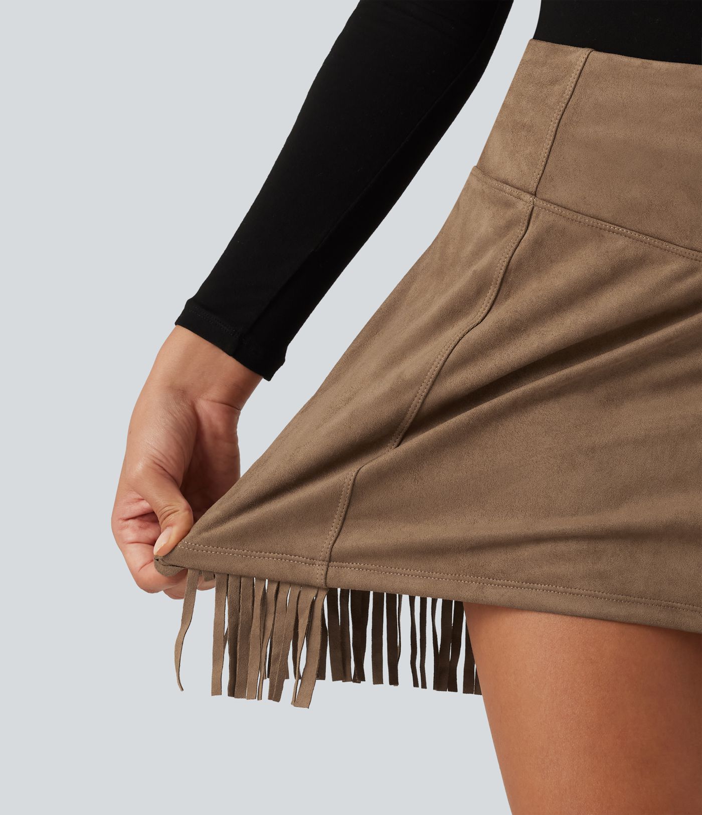 High Waisted Bodycon 2-in-1 Fringe Hem Suede Mini Skirt High Waisted Bodycon 2-in-1 Fringe Hem Suede Mini Skirt