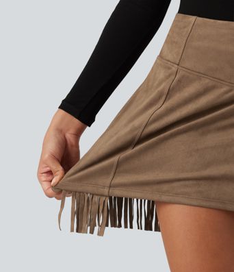 High Waisted Bodycon 2-in-1 Fringe Hem Suede Mini Skirt High Waisted Bodycon 2-in-1 Fringe Hem Suede Mini Skirt