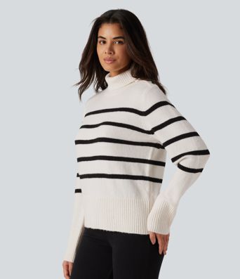 High Neck Long Sleeve Stripe Work Sweater