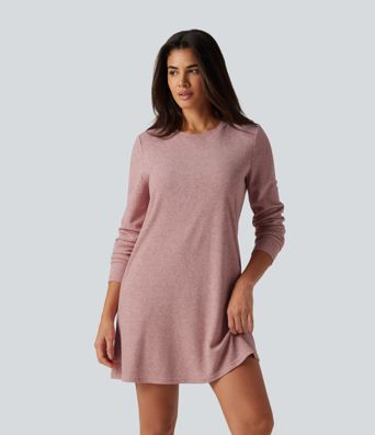 Round Neck Long Sleeve Mini Work Dress with Pockets