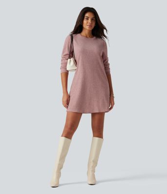 Round Neck Long Sleeve Mini Work Dress with Pockets