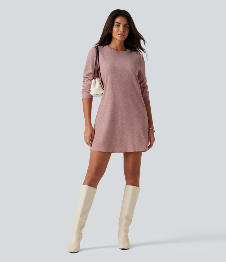 Round Neck Long Sleeve Mini Work Dress with Pockets