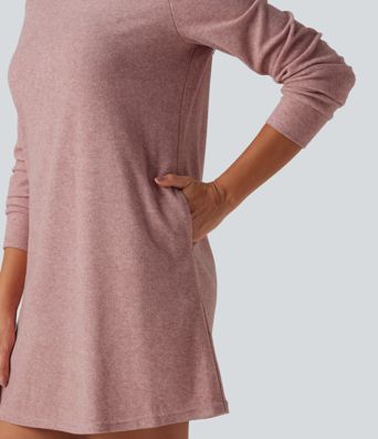 Round Neck Long Sleeve Mini Work Dress with Pockets