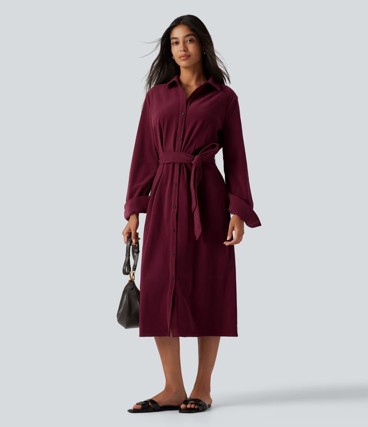 Lässiges Midikleid aus Cord mit Seitentaschen, langen Ärmeln und Gürtel Lässiges Midikleid aus Cord mit Seitentaschen, langen Ärmeln und Gürtel