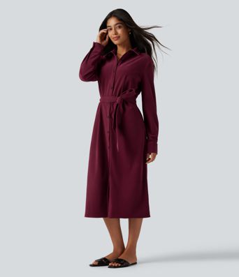 Lässiges Midikleid aus Cord mit Seitentaschen, langen Ärmeln und Gürtel Lässiges Midikleid aus Cord mit Seitentaschen, langen Ärmeln und Gürtel