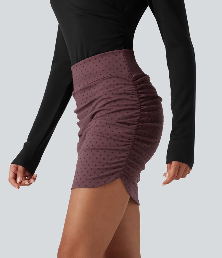 High Waisted Tummy Control Ruched Curved Hem 2-in-1 Polka Dot Velvet Mini Bodycon Skirt High Waisted Tummy Control Ruched Curved Hem 2-in-1 Polka Dot Velvet Mini Bodycon Skirt