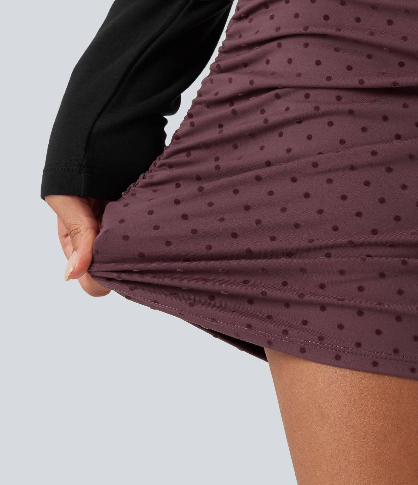 High Waisted Tummy Control Ruched Curved Hem 2-in-1 Polka Dot Velvet Mini Bodycon Skirt High Waisted Tummy Control Ruched Curved Hem 2-in-1 Polka Dot Velvet Mini Bodycon Skirt