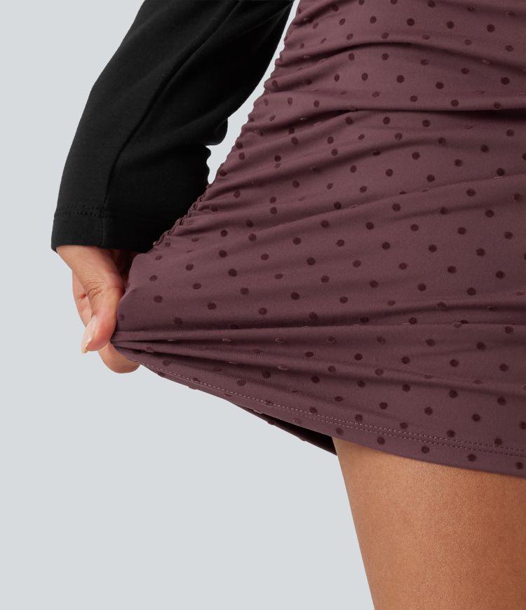 High Waisted Tummy Control Ruched Curved Hem 2-in-1 Polka Dot Velvet Mini Bodycon Skirt High Waisted Tummy Control Ruched Curved Hem 2-in-1 Polka Dot Velvet Mini Bodycon Skirt