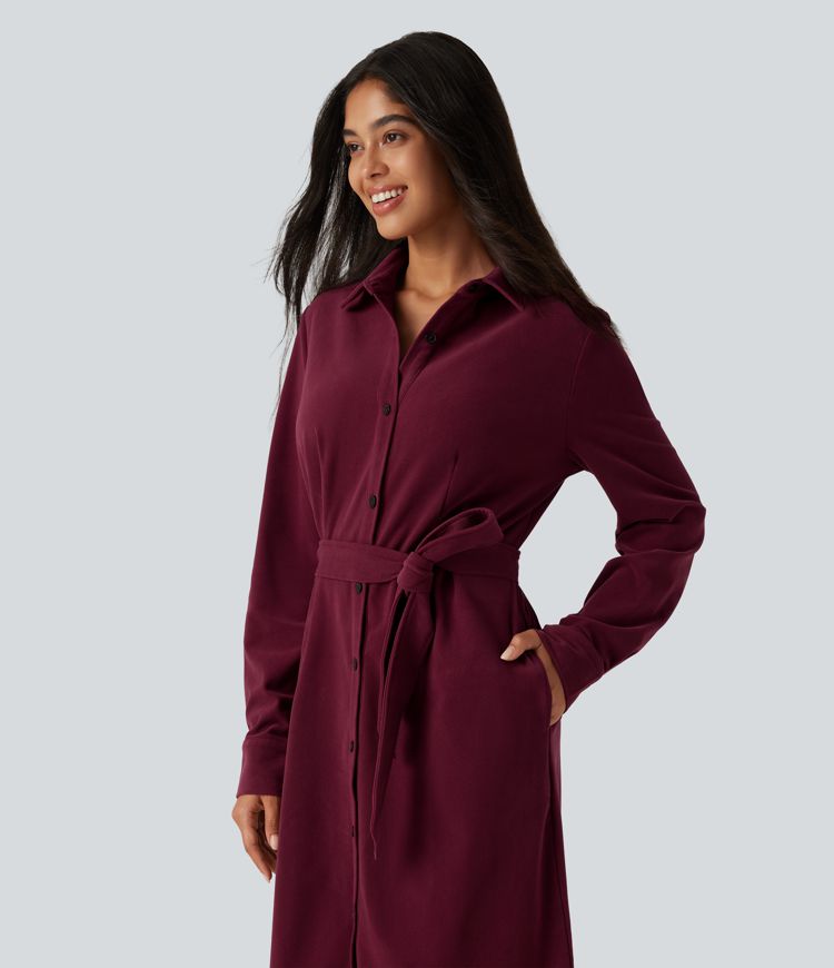 Lässiges Midikleid aus Cord mit Seitentaschen, langen Ärmeln und Gürtel Lässiges Midikleid aus Cord mit Seitentaschen, langen Ärmeln und Gürtel