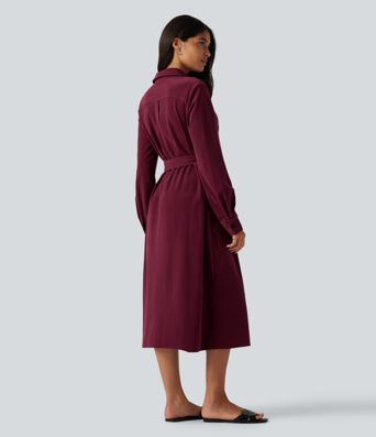 Lässiges Midikleid aus Cord mit Seitentaschen, langen Ärmeln und Gürtel Lässiges Midikleid aus Cord mit Seitentaschen, langen Ärmeln und Gürtel
