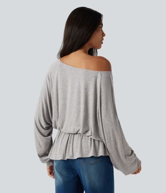 Ribbed Boat Neck Ruched Batwing Long Sleeve Casual T-Shirt Ribbed Boat Neck Ruched Batwing Long Sleeve Casual T-Shirt