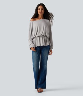Ribbed Boat Neck Ruched Batwing Long Sleeve Casual T-Shirt Ribbed Boat Neck Ruched Batwing Long Sleeve Casual T-Shirt