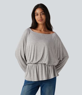 Ribbed Boat Neck Ruched Batwing Long Sleeve Casual T-Shirt Ribbed Boat Neck Ruched Batwing Long Sleeve Casual T-Shirt
