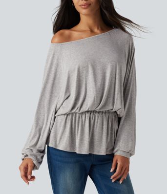 Ribbed Boat Neck Ruched Batwing Long Sleeve Casual T-Shirt Ribbed Boat Neck Ruched Batwing Long Sleeve Casual T-Shirt