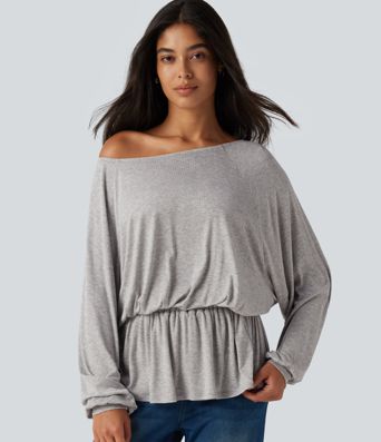 Ribbed Boat Neck Ruched Batwing Long Sleeve Casual T-Shirt Ribbed Boat Neck Ruched Batwing Long Sleeve Casual T-Shirt