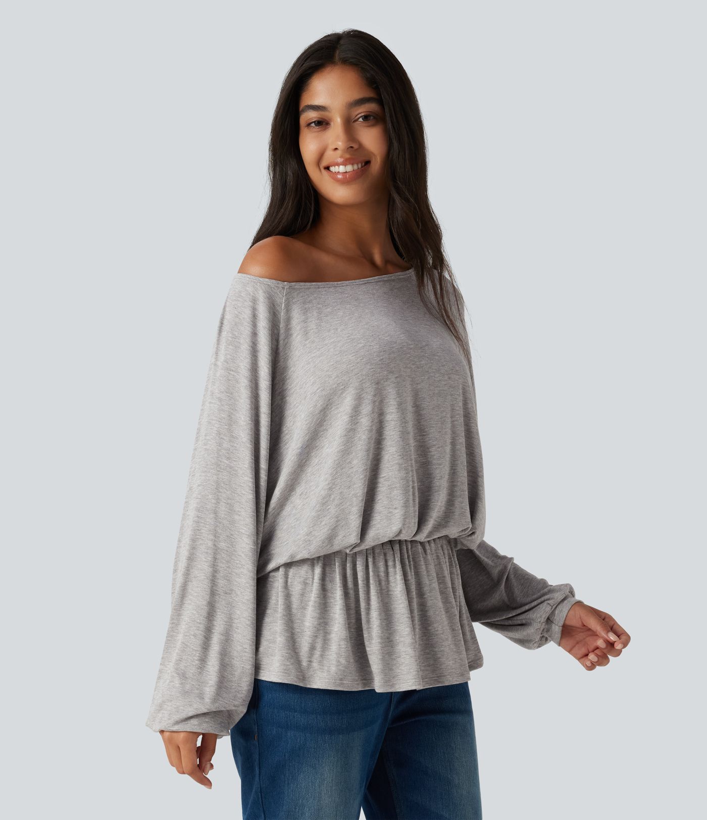 Ribbed Boat Neck Ruched Batwing Long Sleeve Casual T-Shirt Ribbed Boat Neck Ruched Batwing Long Sleeve Casual T-Shirt