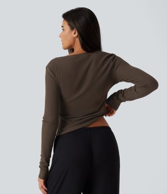 Ribbed Knit U Neck Long Sleeve Lounging Top