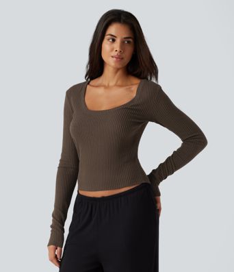 Ribbed Knit U Neck Long Sleeve Lounging Top