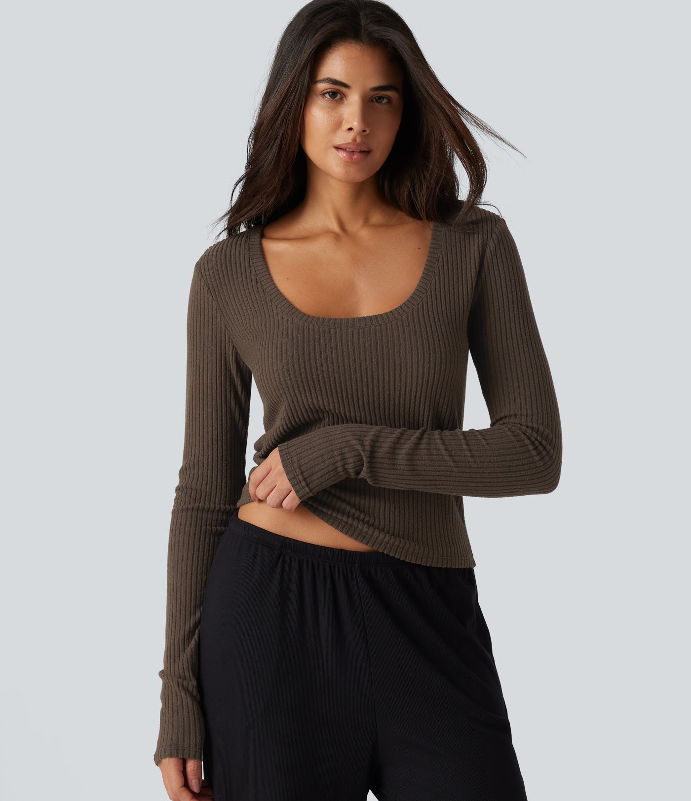 Ribbed Knit U Neck Long Sleeve Lounging Top