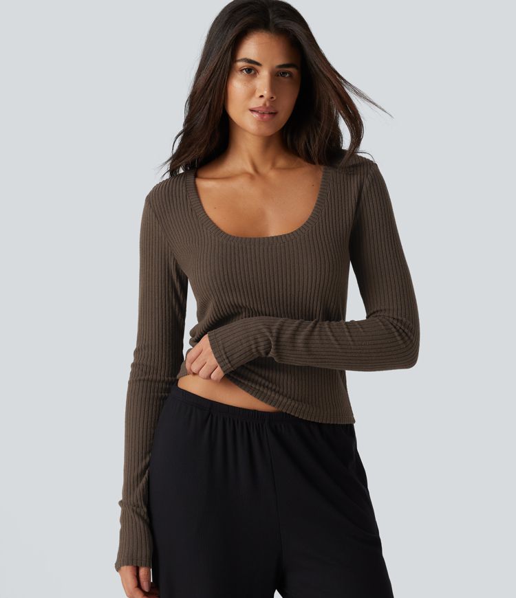Ribbed Knit U Neck Long Sleeve Lounging Top