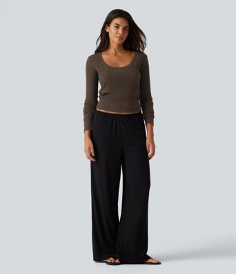 Ribbed Knit U Neck Long Sleeve Lounging Top