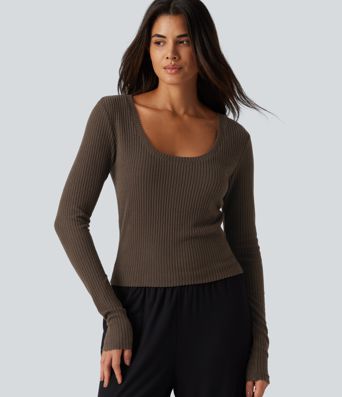 Ribbed Knit U Neck Long Sleeve Lounging Top